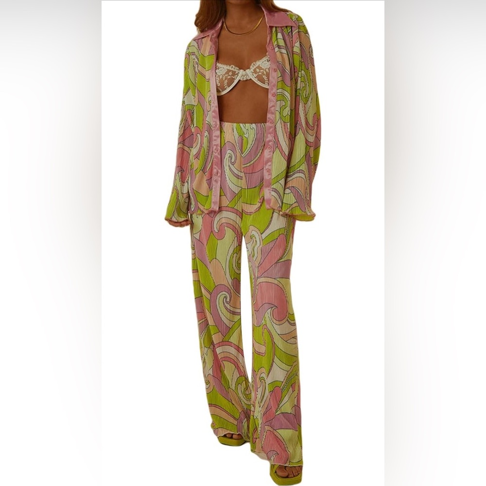 Women Y2K 2 Piece Pleated Pants Set Long Sleeve Floral Printed Button Down Shirt